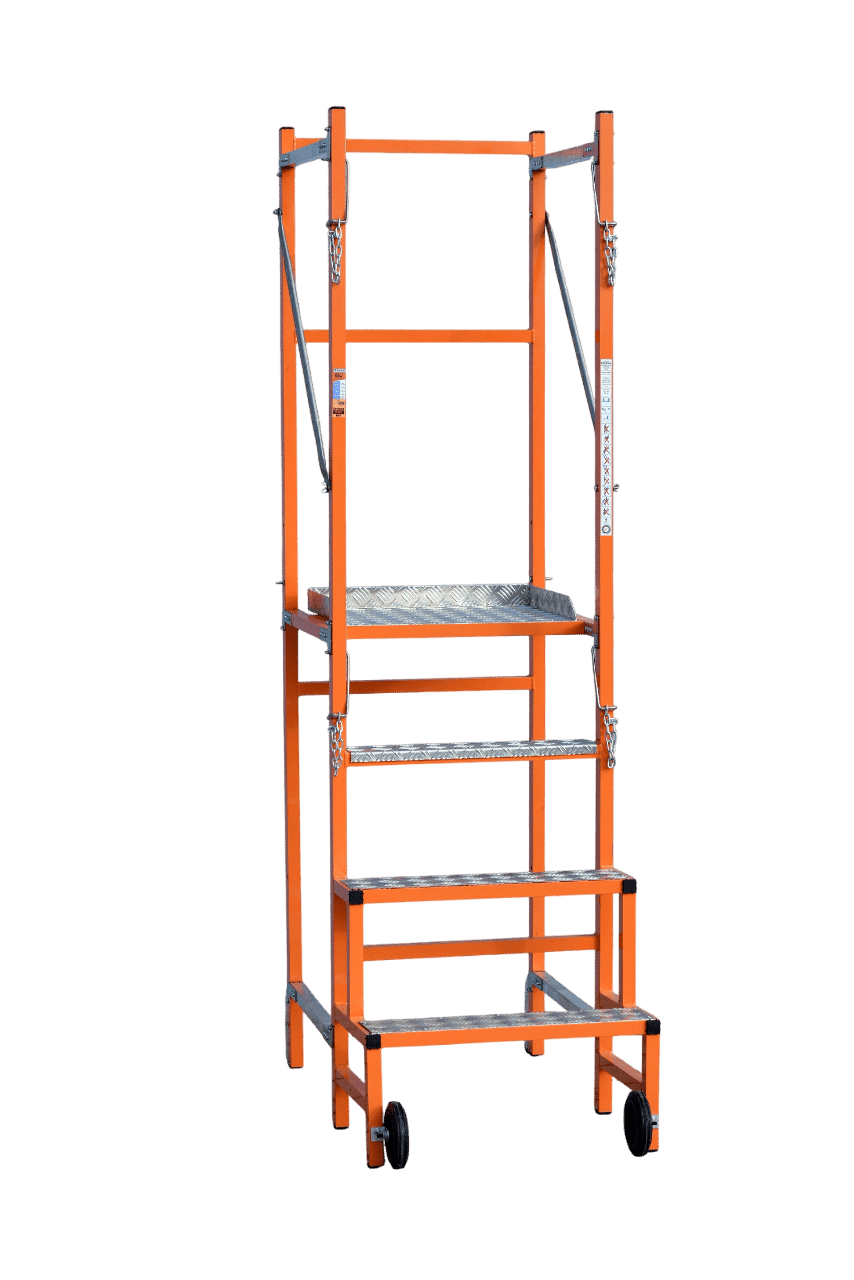 A mobile EA work platform on wheels, with steps and a guard rail